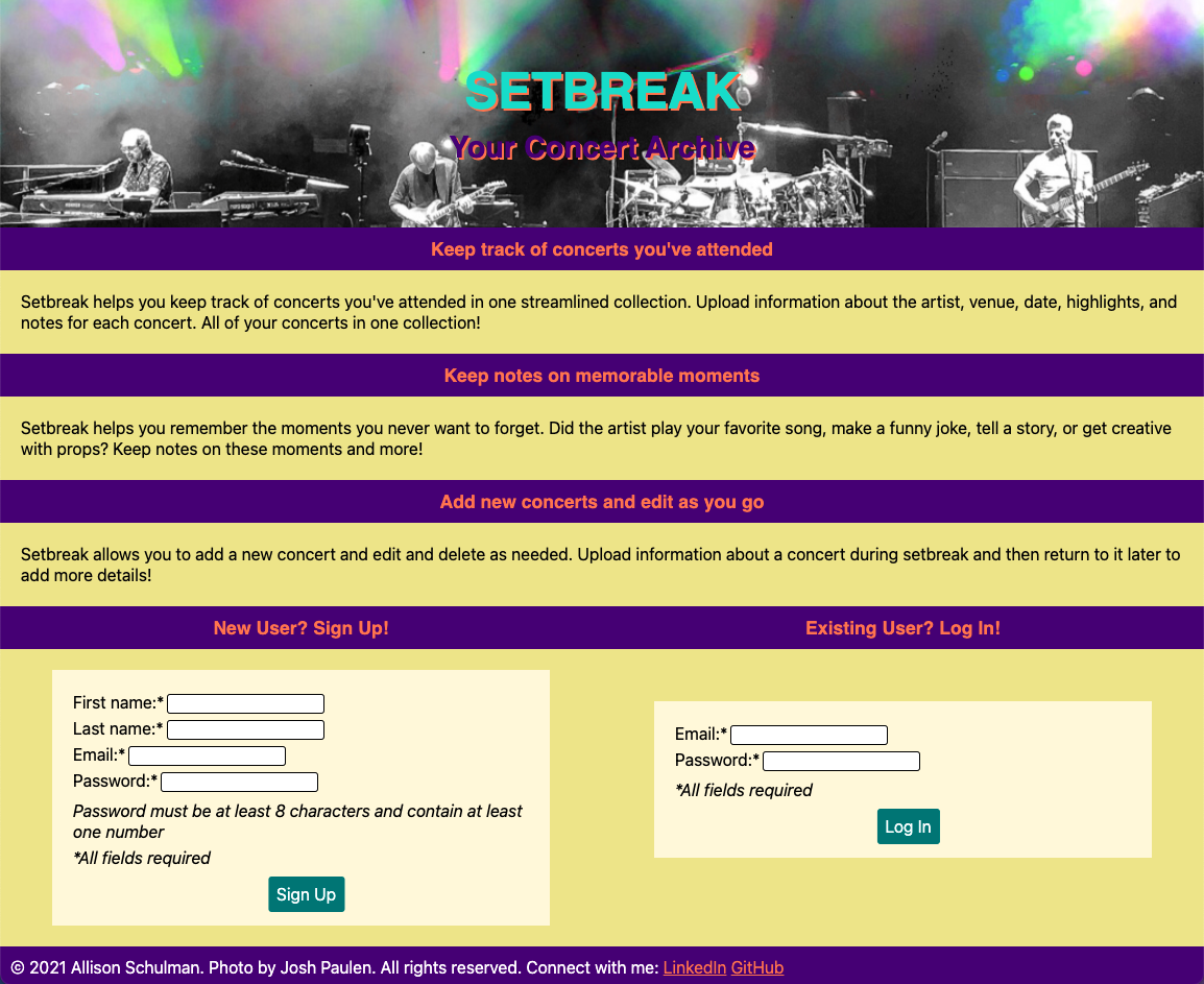 screenshot of concert list